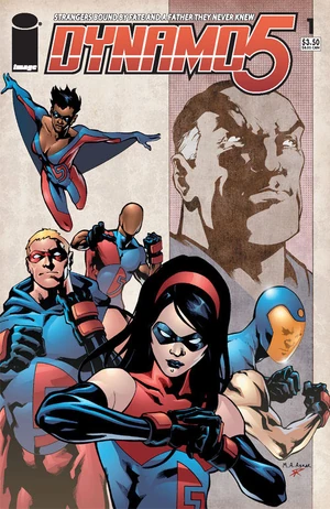 Cover of Dynamo 5 #1, showing the team with their father, the late Captain Dynamo in the upper right.Art by Mahmud A. Asrar and Ron Riley.