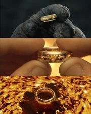 The ring-inscription appearing to Isildur (top), Frodo (middle), and as the ring is destroyed in Mount Doom in Peter Jackson's Lord of the Rings trilogy.