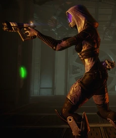 Quarian wielding a pistol
