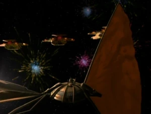 The Cardassians celebrate the arrival of Bajoran lightship with a spatial fireworks display. (DS9: "Explorers")