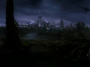 A clear view of The Tower of Commerce on Ferenginar.