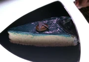 A piece of cellular peptide cake with mint frosting