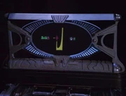 A Cardassian monitor displaying a message from the Dominion