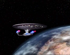 The USS Enterprise-D in orbit of Kesprytt III