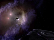 The Rubicon and the Defiant approach a subspace compression anomaly (2374)