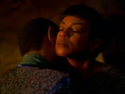 Tuvok (left) and the hologram of his wife, T'Pel.
