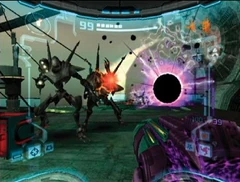Samus battles Space Pirates. A Darkburst kills one of them in the background.