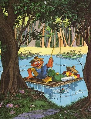 Mike Smollin depicts Ernie and Bert as Tom Sawyer and Huckleberry Finn, or vice versa