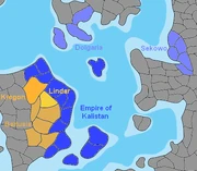 Anantan Empire in 1870, at its largest extent: empire in dark blue, colonies in light blue, vassals in orange.