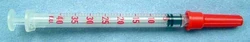 Caninsulin 1/2 cc U40 insulin syringe.  Note red needle cap designating this syringe is for U40 insulin; syringes for U100 strength insulins have orange caps.