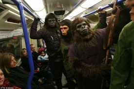 'Apemania' inadvertantly recreate the newspaper clipping above while publicising the Planet of the Apes Blu-Ray release, November 2008 (photo by Tim Anderson)