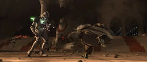 Yoda jogando seu sabre no peito de um clone trooper.