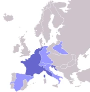 L'Europe en 1811. Le bleu foncé représente l'Empire Français et le bleu clair les pays frontaliers. GNU Free Documentation
