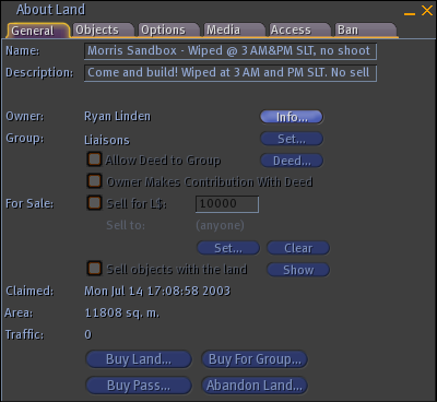 SL 1.10 "About Land" window - "General" tab
