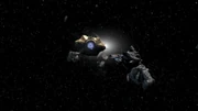 A tiny spaceship heads towards Earth.