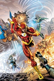 Bart as the Flash, as he appeared in monthly publication, pursued by various rogues.