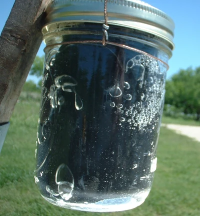 This a canning jar with an aluminum can inside of it. Inside the can are burrito squeezins.  Notice the vigorous rolling boil. You can break the glass if you are'nt careful doing this.  I used the same jar for stewing and then, canning a tomato. I did not include the aluminum can in the canning of the tomato.  I simply painted the bottom of the jar with high temp paint.