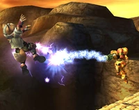 Samus using the Grapple Beam against Fox in Brawl.