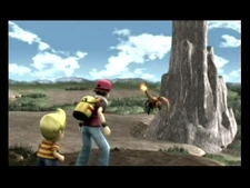Charizard flying past the Trainer and Lucas.