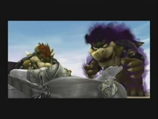 Bowser and the false Bowser standing over a trophied Zelda.