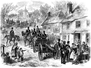 Newportse burgers kijken toe hoe het Britse leger marcheert door hun gemeente. Enkele soldaten stoppen even bij een plaatselijk café. (1862)