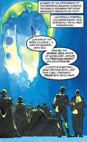 Palpatine making his demands to the New Republic via hologram while a subservient Luke observes.