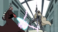 Shaak Ti fights a MagnaGuard in a Coruscant mag-lev train station.