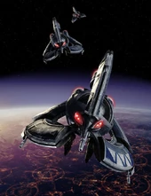A trio of droid tri-fighters over Coruscant.
