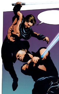 Kam Solusar and Corran Horn spar at the Jedi Headquarters.