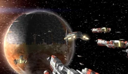 The Republic fleet heading to Telos, partially covered by Citadel Station.