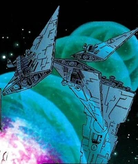 Pellaeon's Star Destroyers are pushed by the Jedi trainees on Yavin 4.