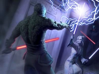 Concept artwork of Atris battling Darth Sion.