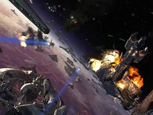 A pair of discord missiles pursue Obi-Wan Kenobi's starfighter.