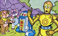Wicket and Kneesaa meet R2-D2 and C-3PO.