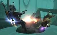 Jango Fett shooting a nexu on Malastare.