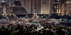 A stormtrooper in the CSF being attacked by Rebel-loyal Coruscanti during the Coruscant Uprising.