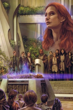 The funeral of Mara Jade Skywalker, an example of Trevas's detailed, full-color rendering style and attention to visual continuity for Expanded Universe characters.