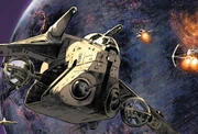 An Imperial LAAT/i in orbit around Coruscant.