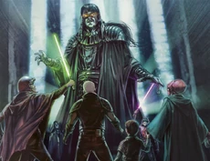 The spirit of Exar Kun faces the students of Luke Skywalker's Jedi Praxeum.