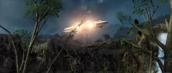 The Ebon Hawk taking off from Dxun.