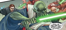 Xamar wielding his lightsaber.