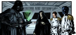 Darth Vader presents Emperor Palpatine, Miltin Takel, and Thrawn plans for the second Death Star.