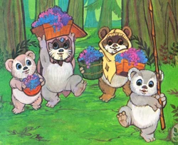 Nippet, Kneesaa, Wicket, and Wiley carry home baskets full of rainbow berries.