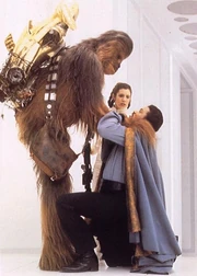 Chewbacca choking Lando.