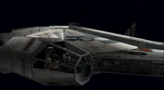 Ace and MK-09 piloting the Millennium Falcon, as it appears in the X-wing Alliance graphic representation. While the fact that they piloted it is non-canon, it does place them aboard the Falcon during the Battle of Endor.
