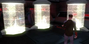 Admiral Karath tortures Carth, Bastila, and Revan.