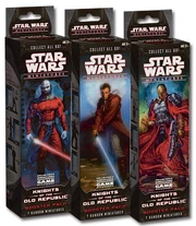 Booster boxes depicting Darth Malak, Obi-Wan Kenobi and Mandalore the Ultimate