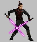 the Jedi Trainer wields his two lightsabers