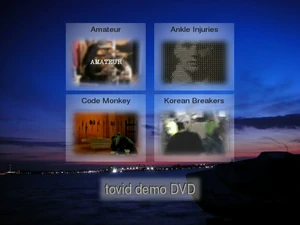 Main menu from tovid-demo. Other screenshots. Switched-menus demo.