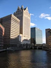 The skyline of Milwaukee, Wisconsin as seen from the Milwaukee River.